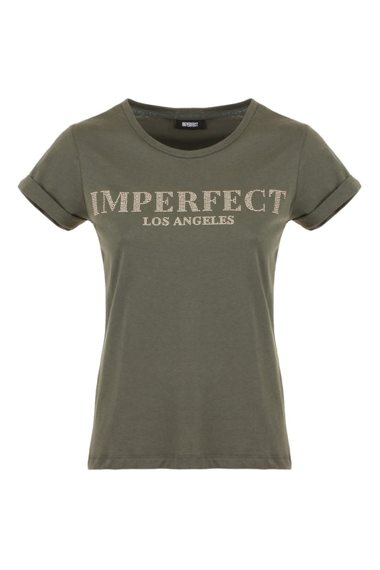 Imperfect Chic Green Cotton Tee with Brass Logo Accent