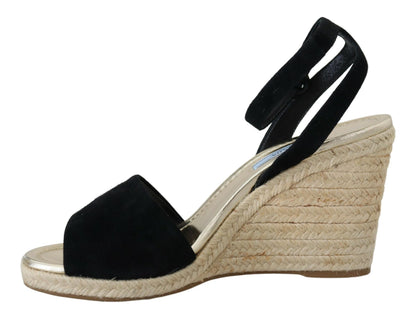 Prada Chic Ankle Strap Suede Wedge Sandals