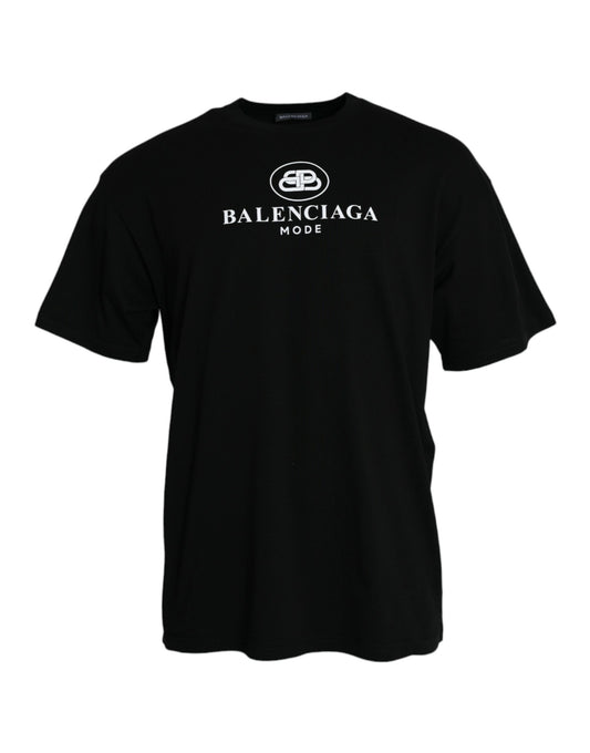 Balenciaga Black Cotton Logo Print Crew Neck Short Sleeves T-shirt