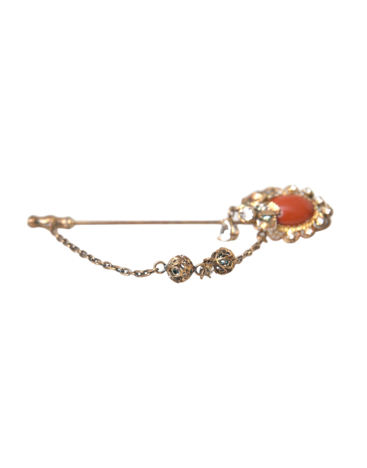 Dolce & Gabbana Gold Brass Crystal Chain 925 Sterling Silver Pin Brooch