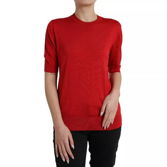 Dolce & Gabbana Red Silk Crewneck Short Sleeve Sweater