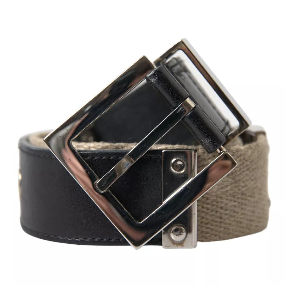 Dolce & Gabbana Black Leather Beige Strap Silver Metal Buckle Belt