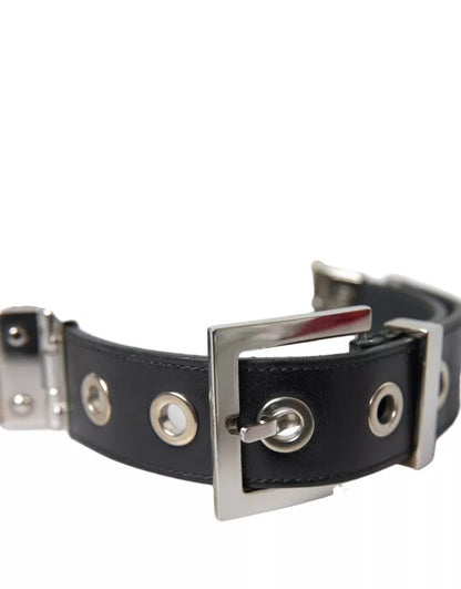 Dolce & Gabbana Black Leather Beige Strap Silver Metal Buckle Belt