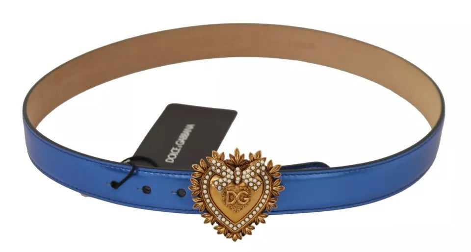 Dolce & Gabbana Blue Leather DEVOTION Heart DG Logo Metal Buckle Belt