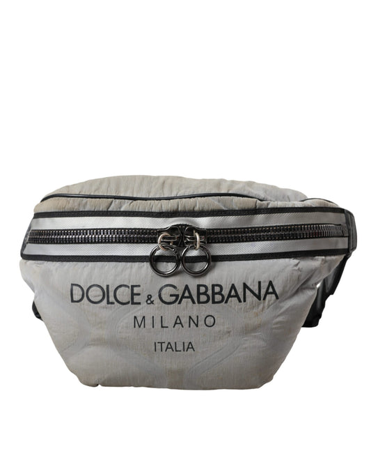 Dolce & Gabbana Silver Black Nylon Leather Logo Waist Fanny Pack Bag