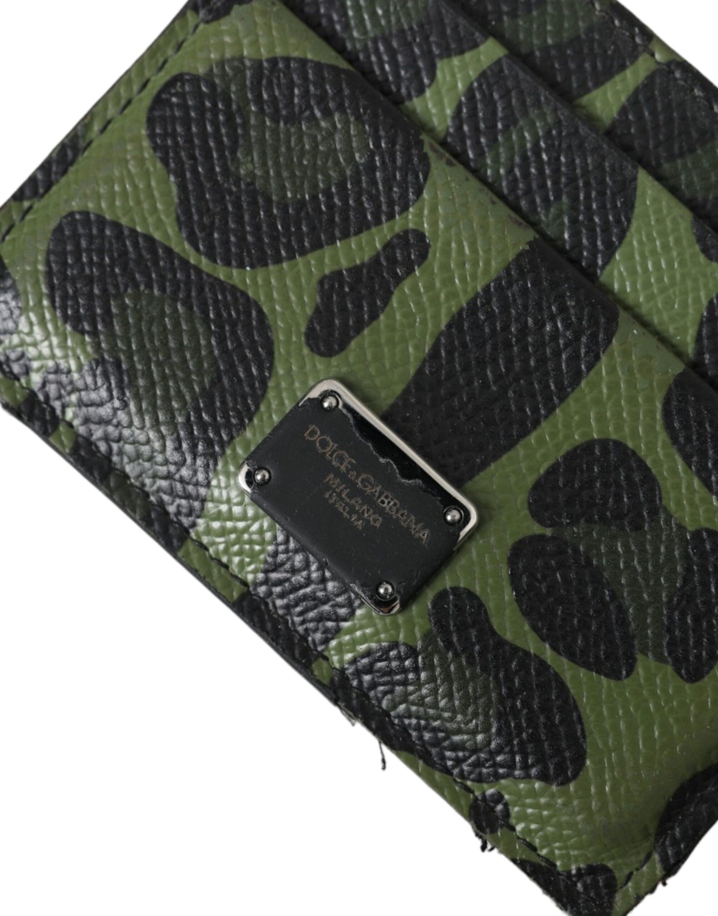 Dolce & Gabbana Green Black Leopard Logo Plaque Card Holder Wallet