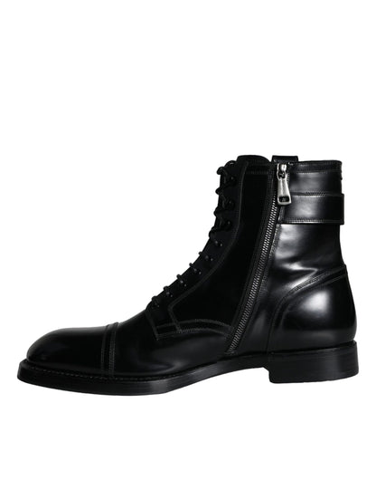 Dolce & Gabbana Black Logo Lace Up Mid Calf Men Boots Shoes