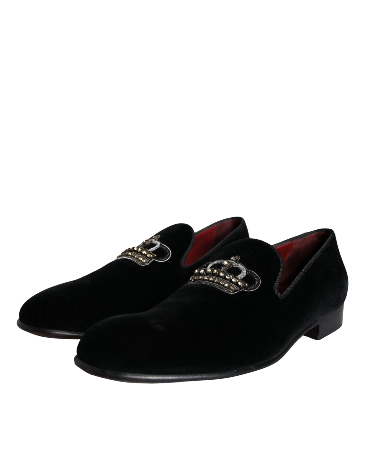 Dolce & Gabbana Black Velvet Crystal Crown Men Loafers Shoes