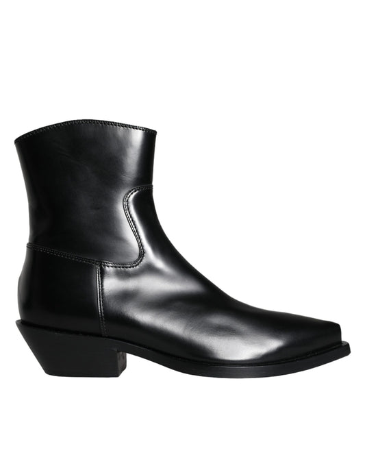 Dolce & Gabbana Black Leather Ankle Boots Booties Shoes