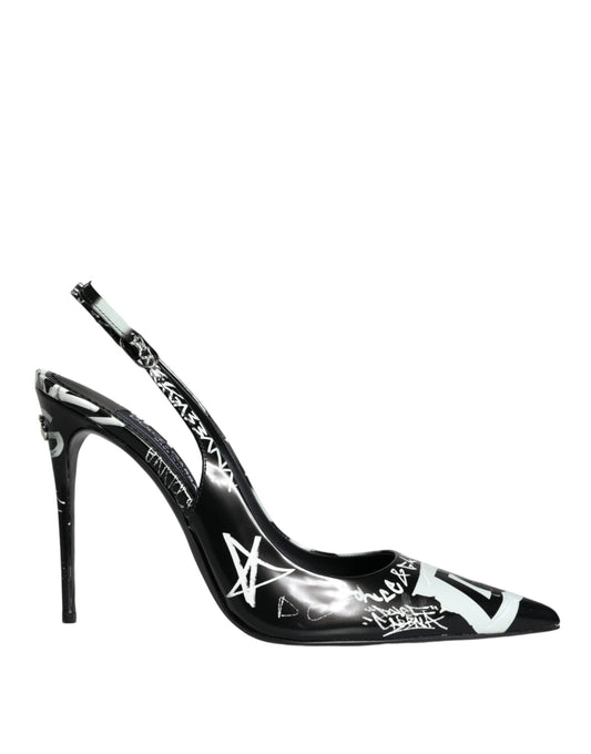 Dolce & Gabbana Black Graffiti Leather Slingback Heels Pumps Shoes