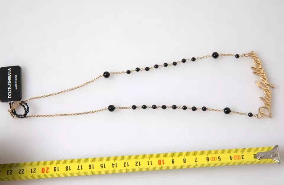 Dolce & Gabbana Gold Sterling Silver 925 Black Beaded Rosary Chain Necklace