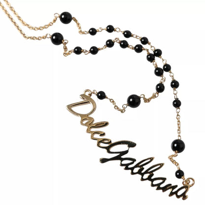 Dolce & Gabbana Gold Sterling Silver 925 Black Beaded Rosary Chain Necklace