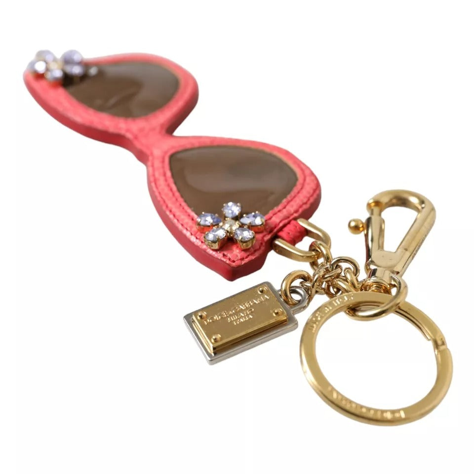 Dolce & Gabbana Red Leather Crystal Sunglasses Gold Metal Keyring Keychain