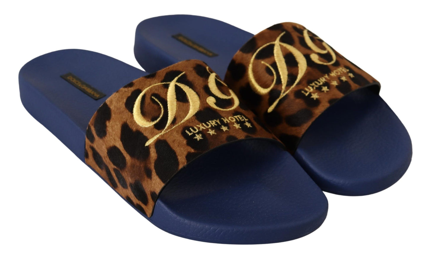 Dolce & Gabbana Blue Brown Leopard Logo Rubber Slides Slippers Shoes