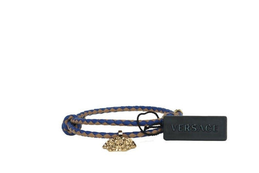 Versace Braided Brown Blue Smooth Leather Adjustable Small Medusa Charm Bracelet